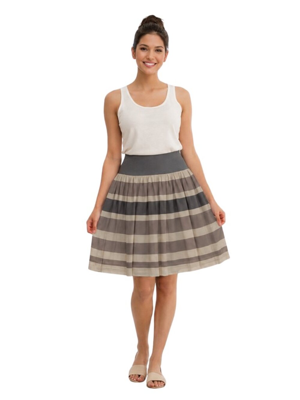 Gap Pleated Flare Neutral Stripe Silk Cotton Skirt Size 4 Boho Chic